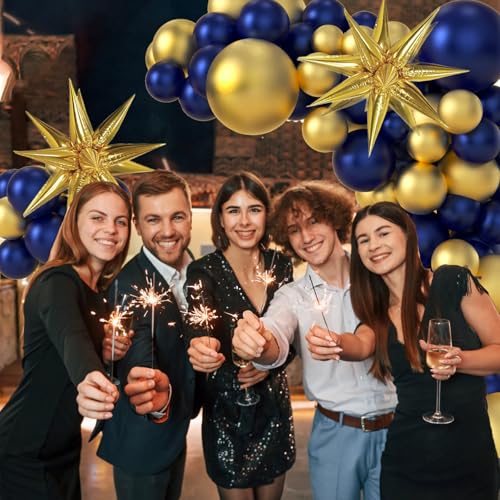 Image of Navy Blue and Gold Balloons Arch Garland Kit, 5 10 12 18 inch Royal Blue Gold Balloons with Explosion Star Balloons 101pcs Balloons for Anniversary Wedding New Year Birthday Party Decorations