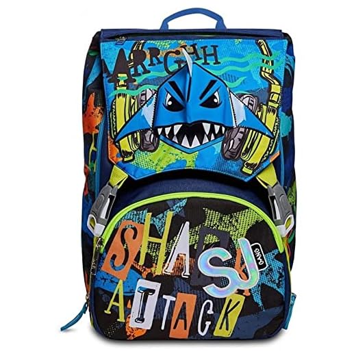 SEVEN. Sac à Dos SJ Gang Animal Requin école Extensible garçon Flip System Bleu + Trousse 3 étages complète + Porte-clé sifflet + Cadeau Paquet 10 stylos colorés