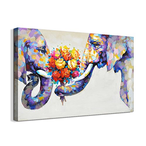 Abstract Elephant Flower Large Canvas Wall Art Animal Oil Painting on Canvas Print Wall Art Picture Home Wall Decor for Livingroom (36 x 24 inch, Framed)