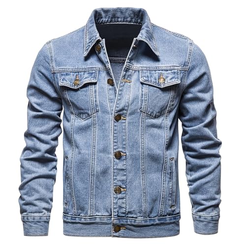 Image of Men's Denim Jacket Vintage-Inspired Jean Jacket with Multiple Pockets - Cotton Blend, Machine Washable