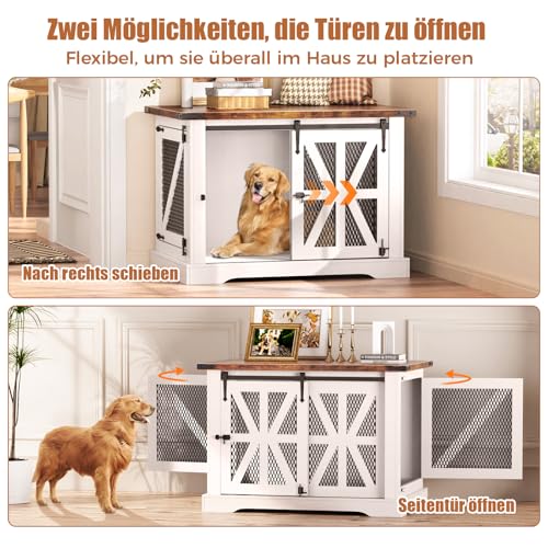 Hundekäfig Möbel, Dreitüriger Hundekäfig, 100 cm Holzhundebox, Schiebetüren, Modernes Hundezimmer für den Innenbereich, für Kleine und Mittelgroße Hunde, Verstärkte Konstruktion, 100x65x67cm, Weiß