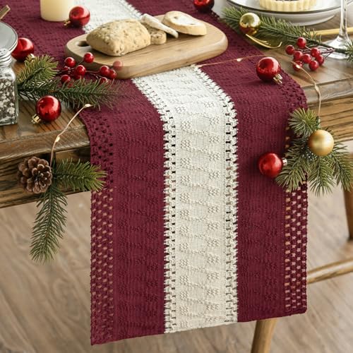 Artoid Mode Red Farmhouse Rustic Table Runner, Seasonal Christmas Hollow Kitchen Dining Table Decoration for Home Party Decor 12x72 Inch