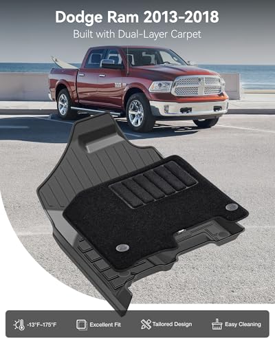 Image of 3W Floor Mats & Front Carpet Fit for 2013-2018 Dodge Ram 1500 /2500 /3500 Crew Cab, 2019-2024 Dodge Ram 1500 Classic Crew Cab All Weather TPE Custom Fit Floor Liner for 1500 Full Set Car Mats