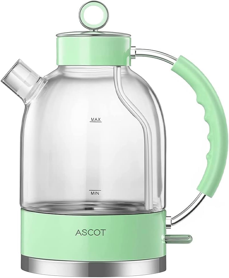 ASCOT Electric Kettle, Glass Electric Tea Kettle Gifts for Men/Women/Family 1.5L 1500W Borosilicate Glass Tea Heater, with Auto Shut-Off and Boil-Dry Protection (Green)