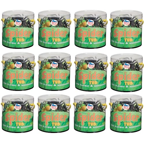 WARM FUZZY Toys Educational Toys for Kids - Full Case 12 Tub with Assorted Spider Figurines - Each Tub Includes 17”x12” Plastic Playmat for Prize Box, PTA Carnival or School Fundraisers