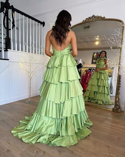 JNXIANGW Women's Satin Prom Dresses V-Neck Tiered Evening Party Dress Ruffle Long A-line Pageant Dress3