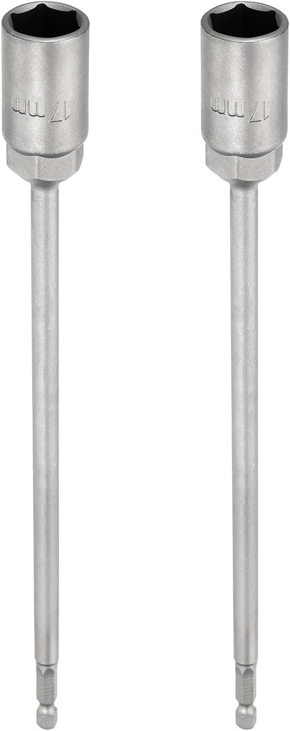 HARFINGTON 2pcs Nut Driver Drill Bit 17mm Metric Socket 1/4" Hex Shank 10" (250mm) Extra Long 6-Point Sockets Quick Change 40Cr Steel Bolt Setters for Power Drill Drivers