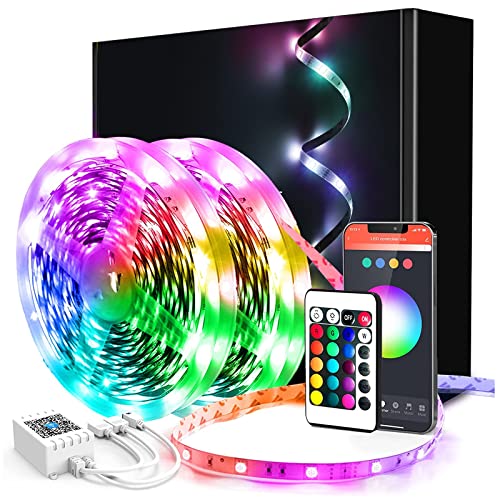 phopollo 30m Led Strip Light for Bedroom, Remote and App Control Bluetooth Connect Music Sync RGB Lights for Room Plug in Self Adhesive (15Mx2)