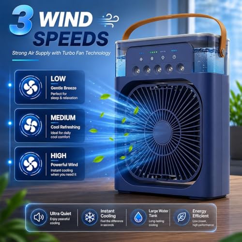 Image of Mini Cooler for Room Cooling AC Portable Mini Fan Artic Cooler with 7 Colors LED Light 1 /2 /3 H Timer 3 Wind Speeds and 3 Spray Modes for Office Home & Shop (Green)