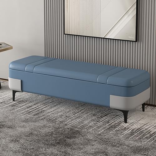 Banco moderno tapizado para dormitorio con patas de metal y almacenamiento, elegante banco de piel sintética para sala de estar, entrada o comedor, capacidad de 300 libras, color azul (80 x 40 x 40