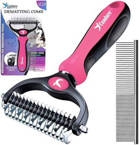 Candure Spazzola per Cani, Pettine Gatti per Pelo Acciaio Inossidabile 17+9 Doppia Faccia Strumento di Deshedding Animali per Cane Pelo Lungo, Medio e Corto (Rosa)