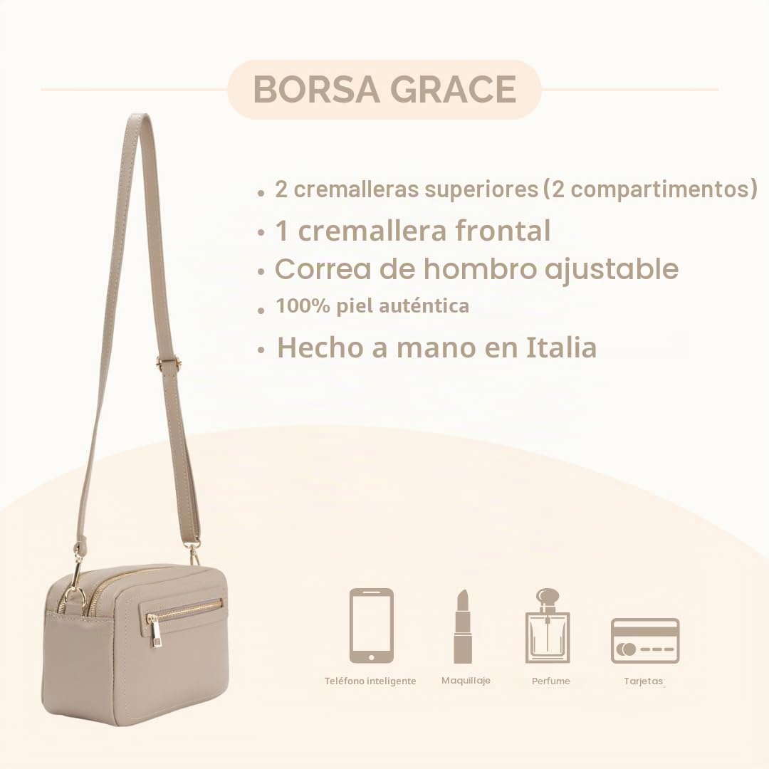 Bolso de Hombro de Cuero Mujer, Made in Italy, 2 Compartimentos con Cremallera, Bolsillo frontal, Correa de Hombro Ajustable