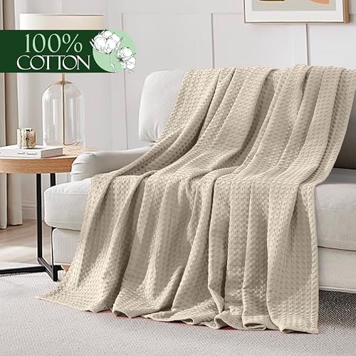 Image of Elegant Comfort Premium 100% Cotton Waffle Blanket - Lightweight Breathable Waffle Weave Bed Blanket - Soft and Warm All Season Blanket for Couch, Sofa and Bed, Queen Size 90x90 Inches, Linen