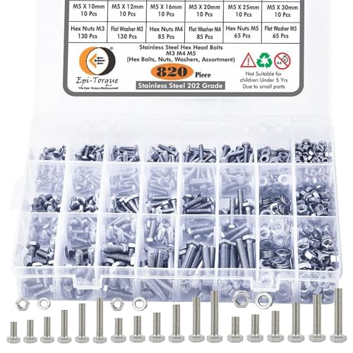 Image of Metric M3 M4 M5 Stainless Alloy Steel 202 Grade Full Threaded Hex Bolts Nuts And Washer Assortment Kit Set With Storage Box Pack Of 820 Pcs