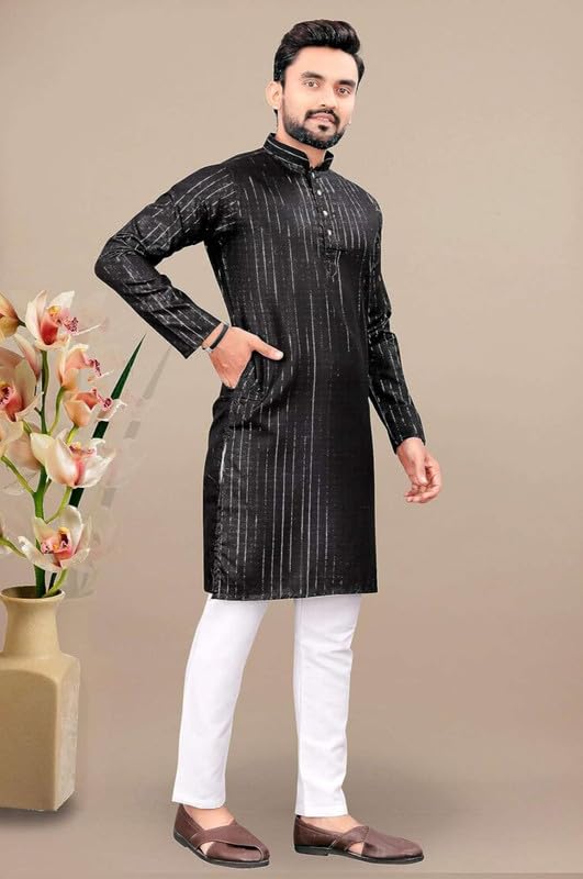 Image of FASHION GALLERY Men's Solid Pattern Polycotton Kurta with Long Sleeve Round Neck Knee Length and Pull On Closure Type|Men Kurta Pajama Set