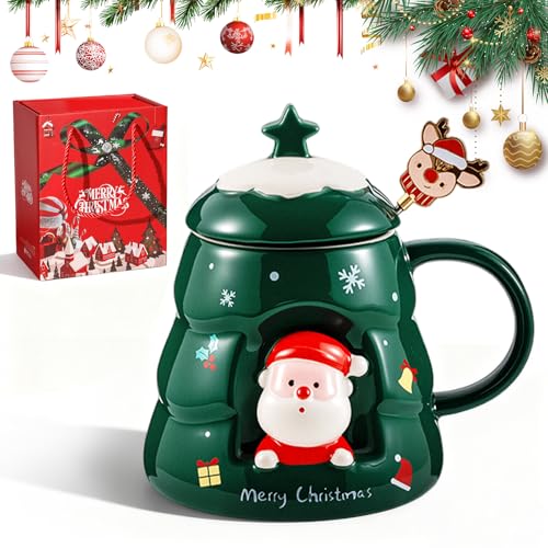 Shyllin Tasse de Noël, Tasse à Café de Noel en Céramique 450ML, Mugs de N oel avec Boîte Cadeau, Merry Christmas Mug Set avec Couvercle et Cuillère,Tasse de Petit Déjeuner, Cadeau de Noël (GN)