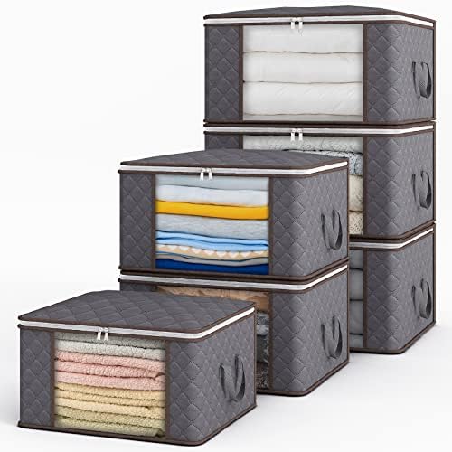 Fixwal 6 Pack Clothes Storage Organizers Foldable Clothing Storage Bags with Reinforced Handles Sturdy Zippers Storage Containers for Organizing Blanket Bedroom Closet Dorm Sweater, 60L, Gray