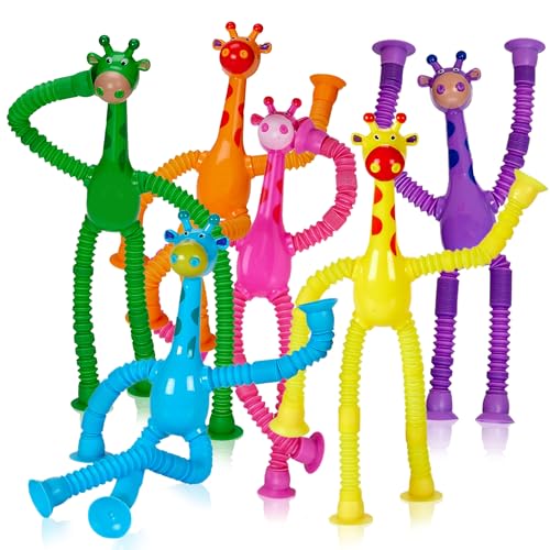 Telescopic Suction Cup Giraffe Toys for Toddler Restaurant Dinner Table Activities, Stretchy Animal Pop Tubes with LED Lights, Telescopic Sensory Toys for Kids with Autism Anxiety Ages 3 4 5 | 6 Pack