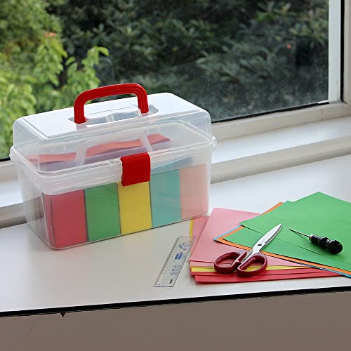 Image of Multipurpose Clear Red Plastic Storage Container Organizer Box, Portable Carrying Case with Removable Tray and Handle for Art, Craft,First Aid, Sewing Supplies