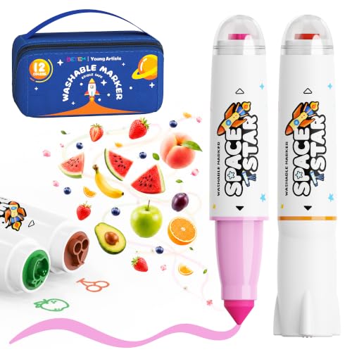 Betem Scented Washable Markers for Kids 12 Colors Stamp Markers for Toddlers Non Toxic Water-Based Kids Markers Dual Tip Coloring Markers with Portable Bag Classroom Must Haves School Supplies