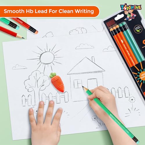 Image of Toyshine HB Pencil Set with Eraser & Sharpener | 10 Pcs Writing Pencil Kit with Cute Carrot Eraser | Smooth Writing School Stationery Set for Kids & Students