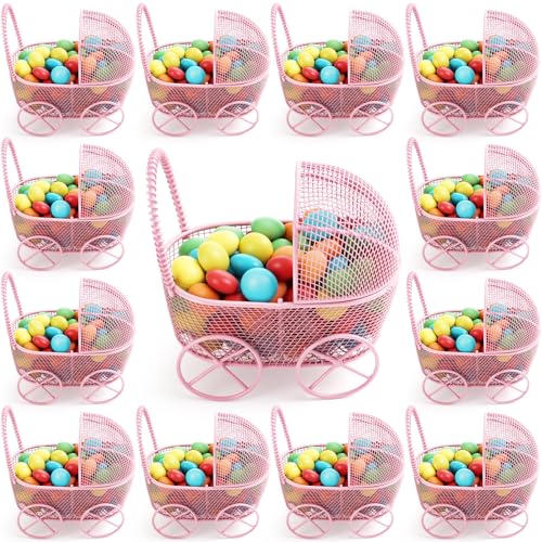 Threehoney 12 Pcs Baby Shower Mini Strollers Decoration Metal Wired Fillable Candy Stroller Carriage Baby Shower Table Centerpieces for Guests Gender Reveal Wedding Party Favor Gift Souvenirs (Pink)