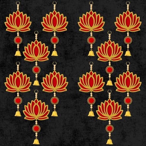Image of ARLICORPING Wooden Lotus Wall Hanging for Festive Decoration - Diwali, Ganpati, Pooja Room, Mandir, Living Room, Door, Hall, Entrance, Spiritual Decor (Lotus + Bell-Red, Pack of 12)