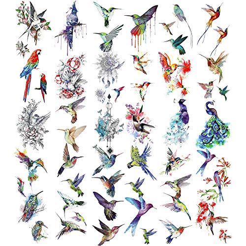 30 Sheets Watercolor Hummingbirds Temporary Tattoo Sticker Birds Waterproof Tattoos Stickers Birds Tattoos Stickers Decorations Temporary Colorful Flower Fake Face Tattoo for Women Men Body Art