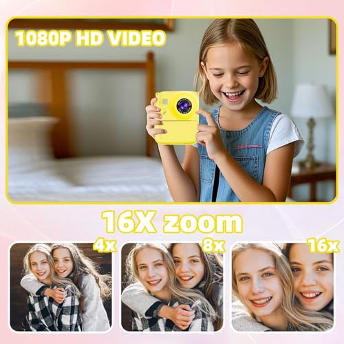 Image of Instant Print Camera for Kids, 1080P Video Camera with 3 Print Rolls | 32GB Card & Cute Cover, Gift for Girls Boys Age 3-12, Toddler Digital Camera with Games, Filters, Music - Yellow