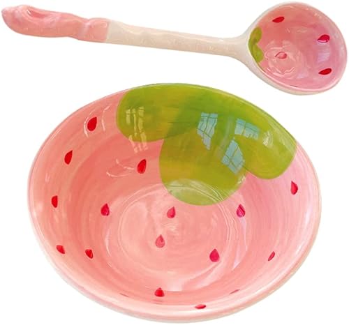 SHERCHPRY 1 juego japonés de lindo cuenco de fresa con cuchara, cuencos en forma de fresa, cuencos de cerámica de dibujos animados, kit de cuchara