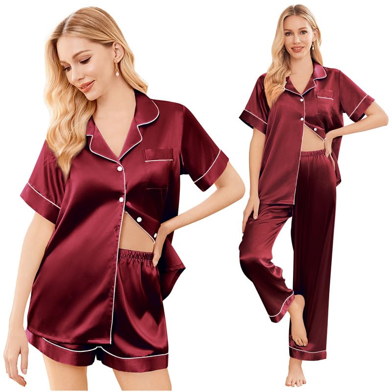Image of Ekouaer Silk Pajamas for Women Set Satin Soft Short Sleeve Button Down Pjs