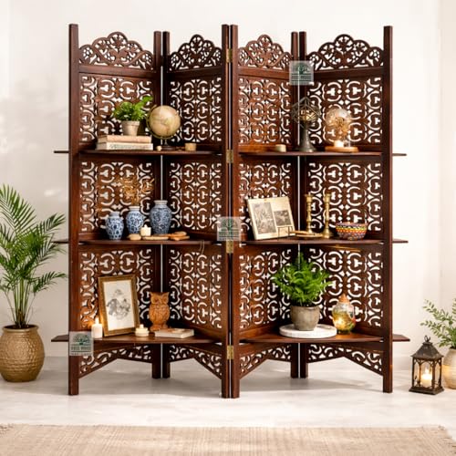 Image of Wooden Room Divider 6 Feet, 4-Panel Folding Wooden Partition for Living Room, Office, Pooja Room, Restaurant, Kitchen & Balcony (2W x 1.82H Meters). (Brown Leaf Pattern)