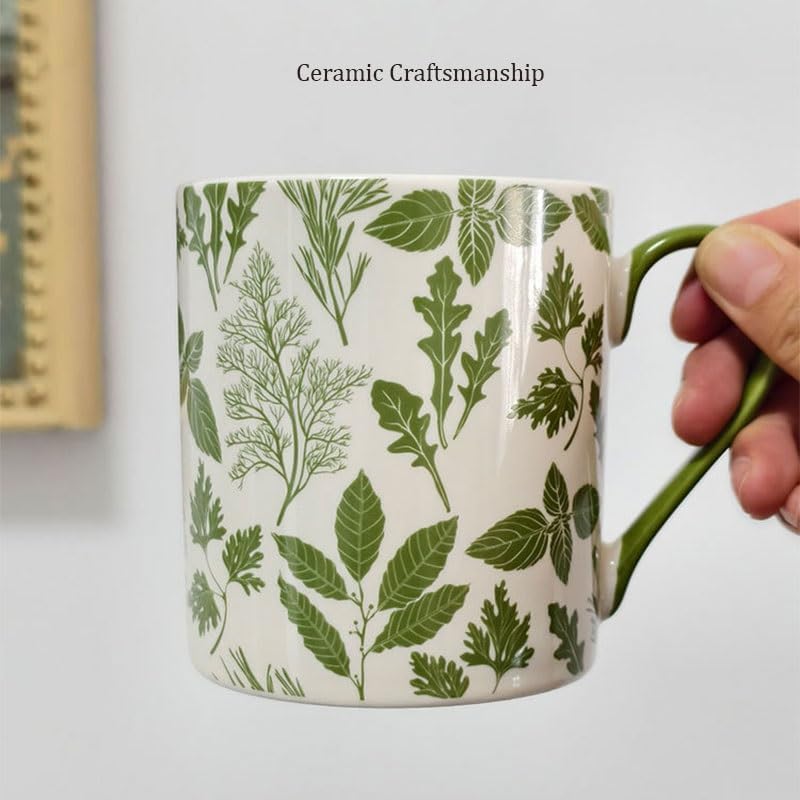 Green Floral Pattern Handled Ceramic Water Cup Breakfast Coffee Milk Cups