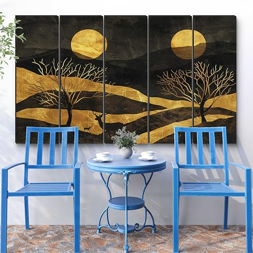 Image of Livin'luxe 5 Panel Abstract Gold Landscape Wall Art | Twin Moon Night Scene with Deer & Trees | Black & Metallic Framed Wall Art for Living Room, Office, Lounge & Modern Luxury (50 x 30 Inch) XL-35421