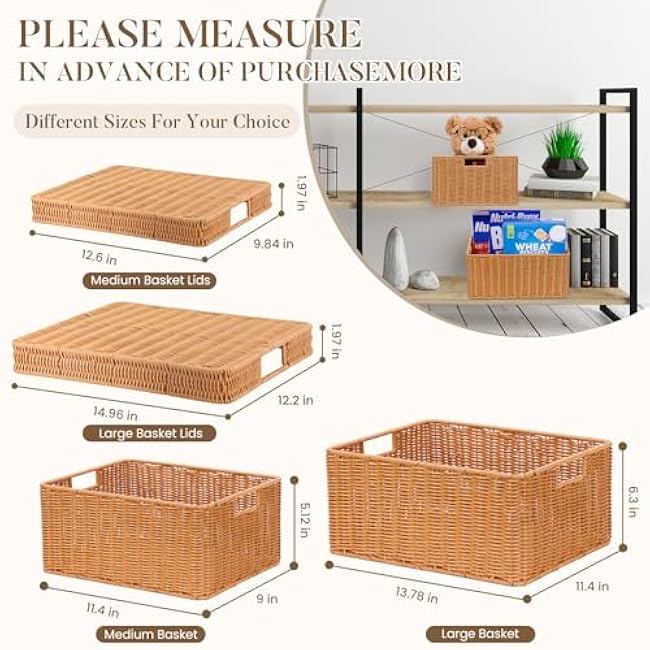 Large Woven Storage Basket with Lid - Handcrafted Wicker Basket for Shelves, Pantry, Office, Nursery Medium Large (2-Piece Set)