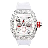 Men's 45mm Iced Out Tonneau Shape Watch, Silicone Band - Silver White Dial