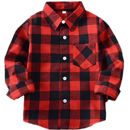 Amasslove Little Girls  Boys  Plaid Shirts Long Sleeve Flannel Button Down Shirt 2-8 Years (Red Black, 8 Years)