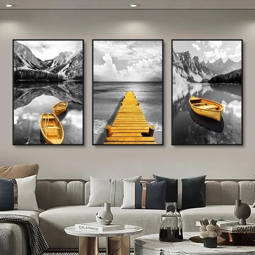 Toile de paysage lac et pont en bois doré finition premium triptyque