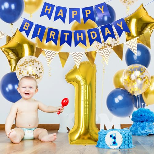 1st Birthday Decorations Boys, Navy Blue Gold Balloons and Happy Birthday Banner, 40 Inch Number 1 Foil Balloons with Bunting, for Boys Girls Party Decoration - Image 2