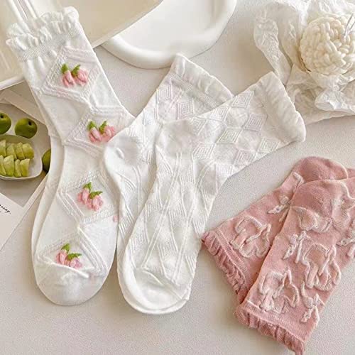 5 Pairs Pink and White Mid Socks Set for Women, Girls' Thin Knitted Breathable Mid Ankle Socks, Spring & Summer Floral Mid Crew Socks3