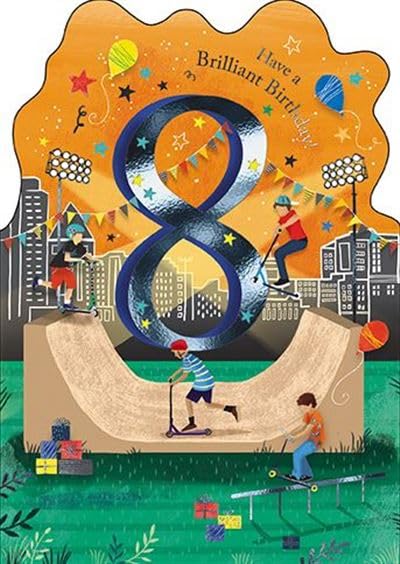 Boys 8th Birthday Card - Age 8 - Boys on Scooters at Skate Park with Foil Finish - Eco-Friendly and Recyclable - by Paper House