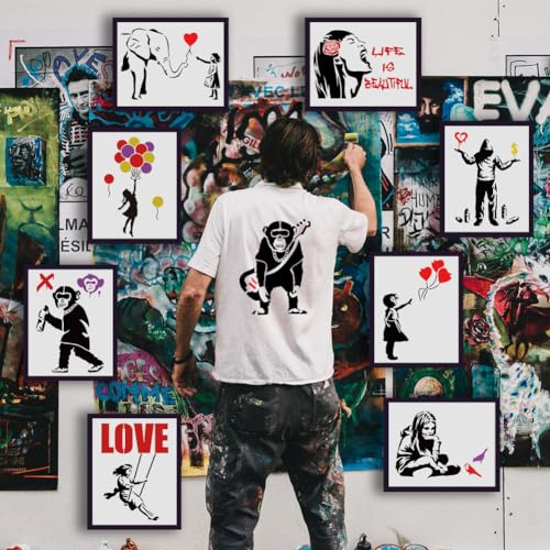 FINGERINSPIRE 9 pcs Banksy Painting Stencil 21x29.7cm Reusable Banksy Girl Boy Chimpanzee Pattern Drawing Template Life is Beautiful Decoration Stencil for Painting on Wood Wall Fabric Furniture - Image 4