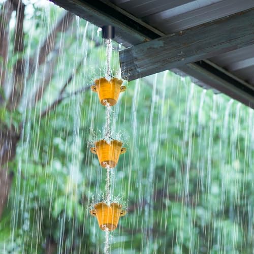 KHayRovies Chaîne de Pluie, chaînes de Pluie en métal de Longueur 2.3 m, Tuyau de Descente de Rechange pour gouttières, Fonctionnelle et décorative chaînes de Pluie suspendues (Jaune) – vue 5