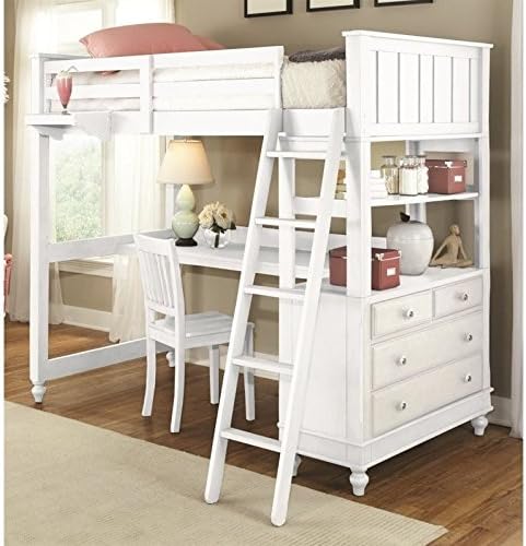 NE Kids Lake House Twin Loft Bed with Desk in White