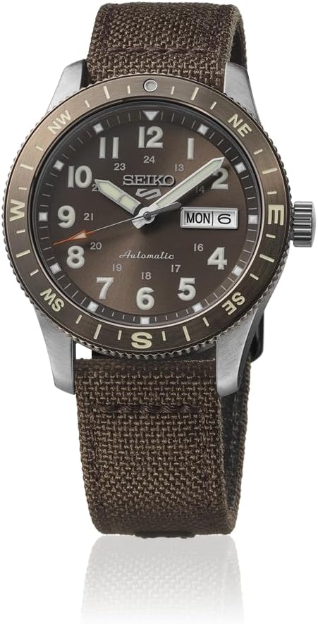 HDB009K1 Men's 5 Sports Field Automatic Watch, Brown Dial, Nylon & Leather Strap, Day-Date Display, Hardlex Crystal, 100M Water Resistant