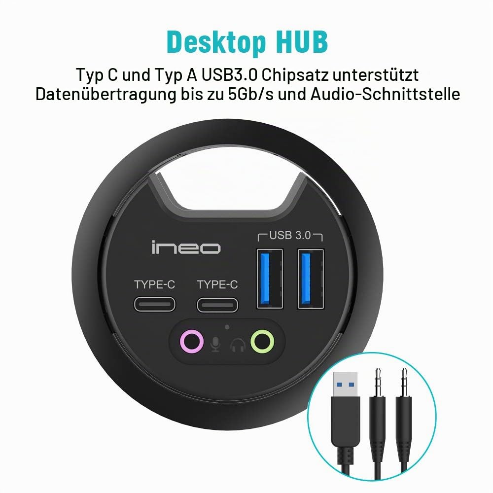 USB 3.0 HUB | ineo | 4 Ports | 2X USB-C | 2X USB-A | Audio I/O | Einbau in 60mm Schreibtischloch | Kabellänge 150cm | Staubschutzabdeckung | Einbauring 80mm | THC06VI