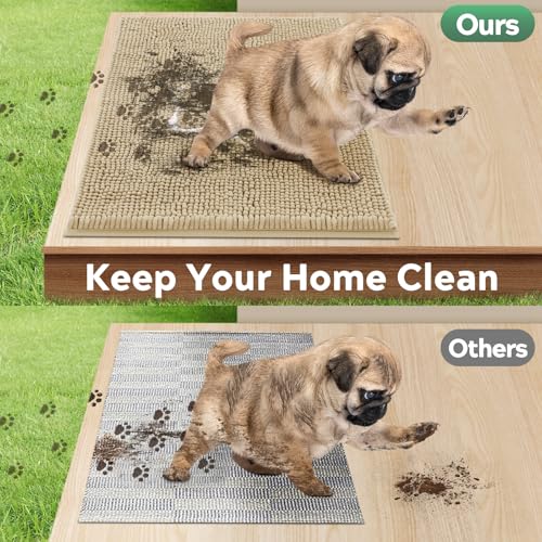 Dog Door Mat for Muddy Paws, Pet Rug Chenille Absorbent Outdoor Doormat 48"x 30", Non Slip Heavy Indoor Doormat Soft Front Inside Doormats for Entryway, Mud Paws, Patio,Dog Paw Beige