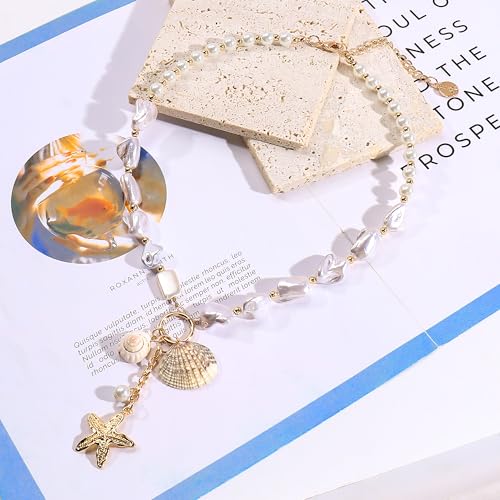Image of Coiris Natural Seashell Choker Necklaces Earrings Jewelry Set for Women Starfish Shell Freshwater Pearl Collar Necklaces for Women Irregular Mother of Pearl Jewelry Set