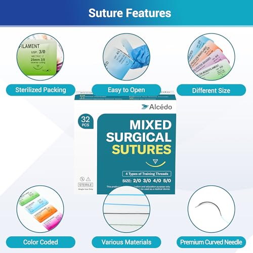 Image of Alcedo Suture Thread with Needle 32 PK (2 /0, 3 /0, 4 /0, 5 /0), Non-Absorbable (Nylon, Silk, Polyester, Polypropylene) for Nursing and Students, First Aid Practice Kit Accessories, Education Only