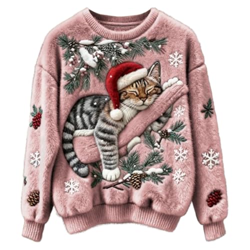 Weihnachtspullover Damen Weihnachten Katze Print Flanell Sweatshirt Xmas Neuheit Niedlich